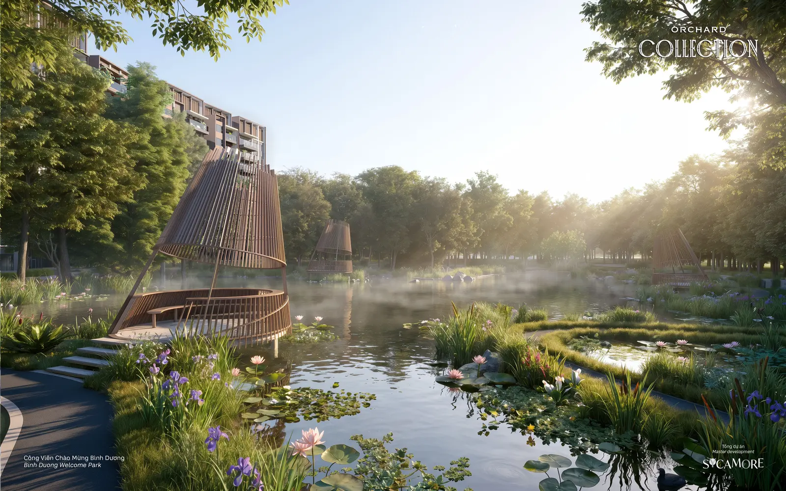 Mặt hồ trong Welcome Park lúc bình minh