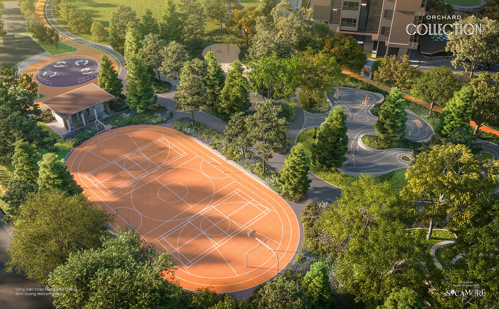 Welcome Park với sân thể thao và bãi cỏ nhìn từ trên cao
