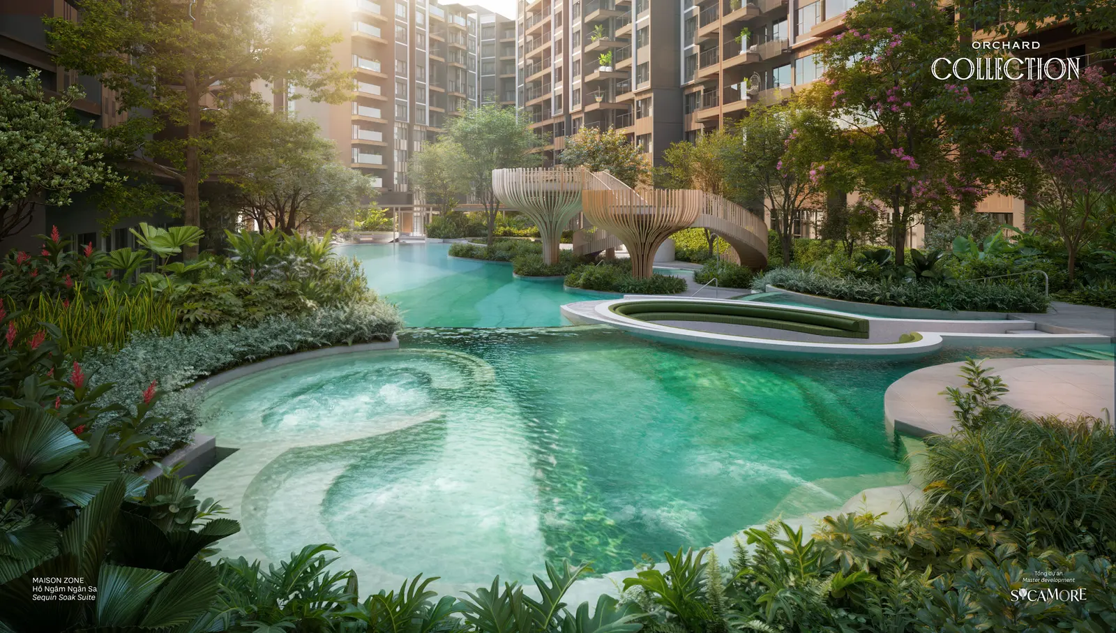 Bể sục Sequin giữa cây xanh